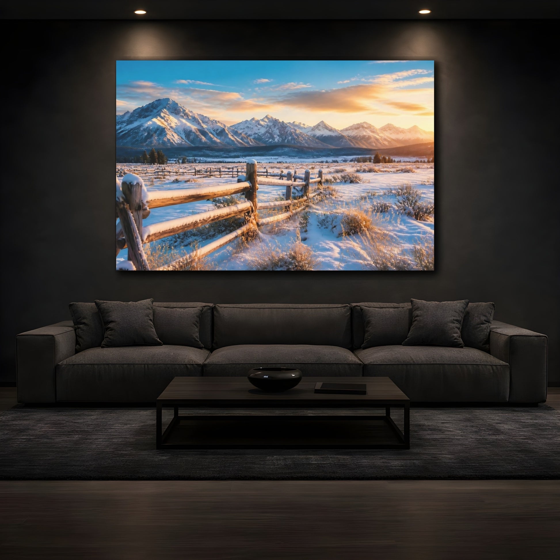 Mockup 3. Nature Winter Mountains Snowy Mountain Sunrise shown as stretched canvas wall art