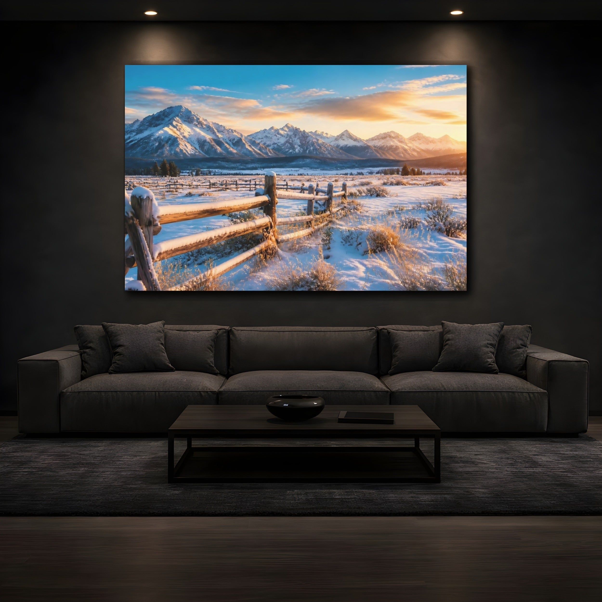 Mockup 3. Nature Winter Mountains Snowy Mountain Sunrise shown as stretched canvas wall art