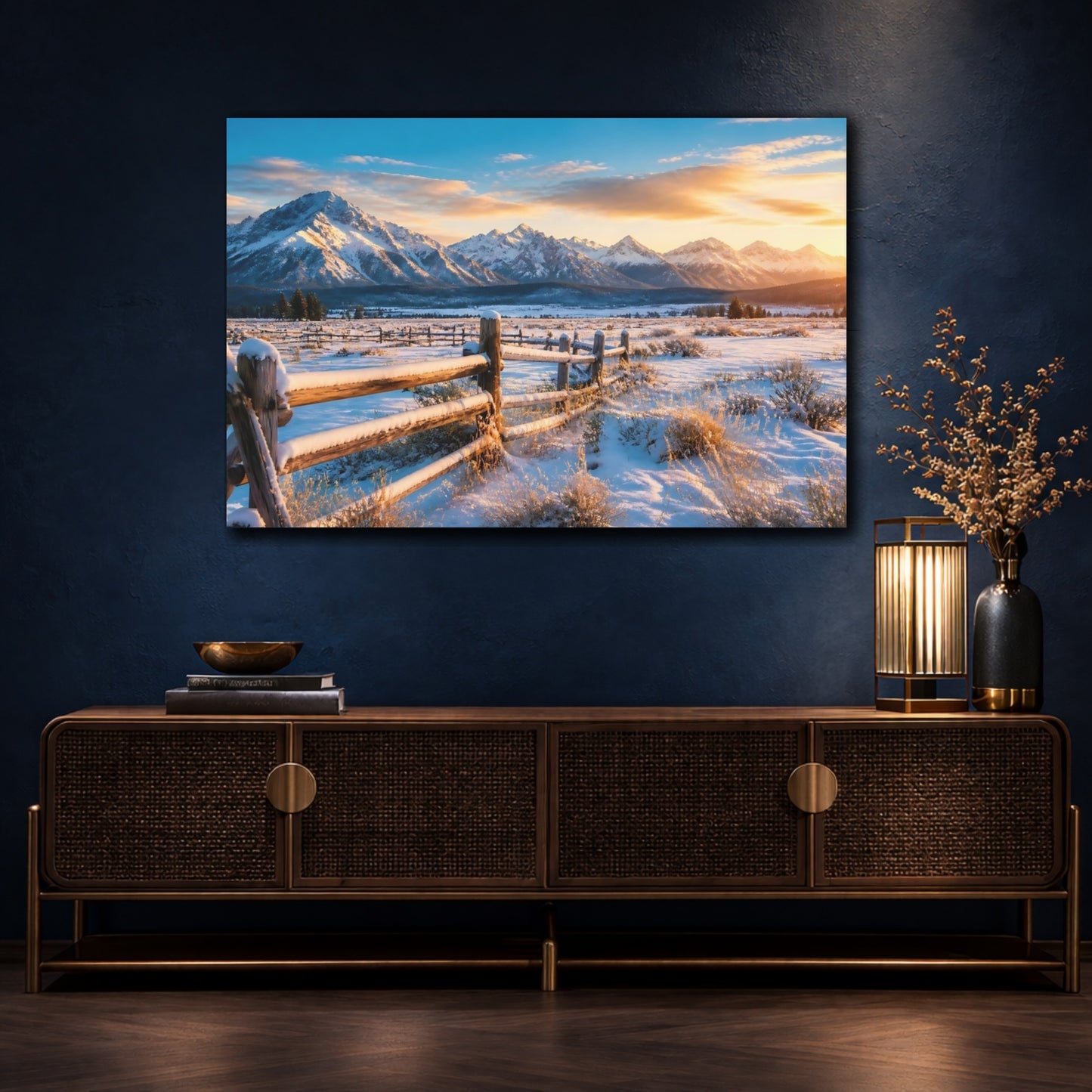 Mockup 4. Nature Winter Mountains Snowy Mountain Sunrise shown as stretched canvas wall art