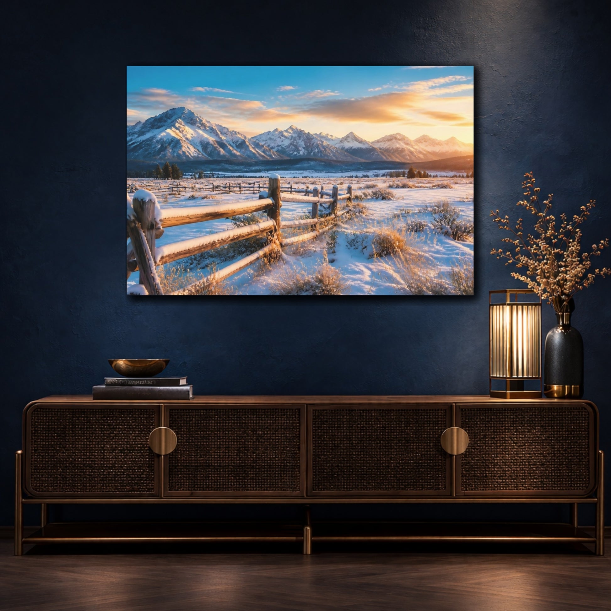 Mockup 4. Nature Winter Mountains Snowy Mountain Sunrise shown as stretched canvas wall art