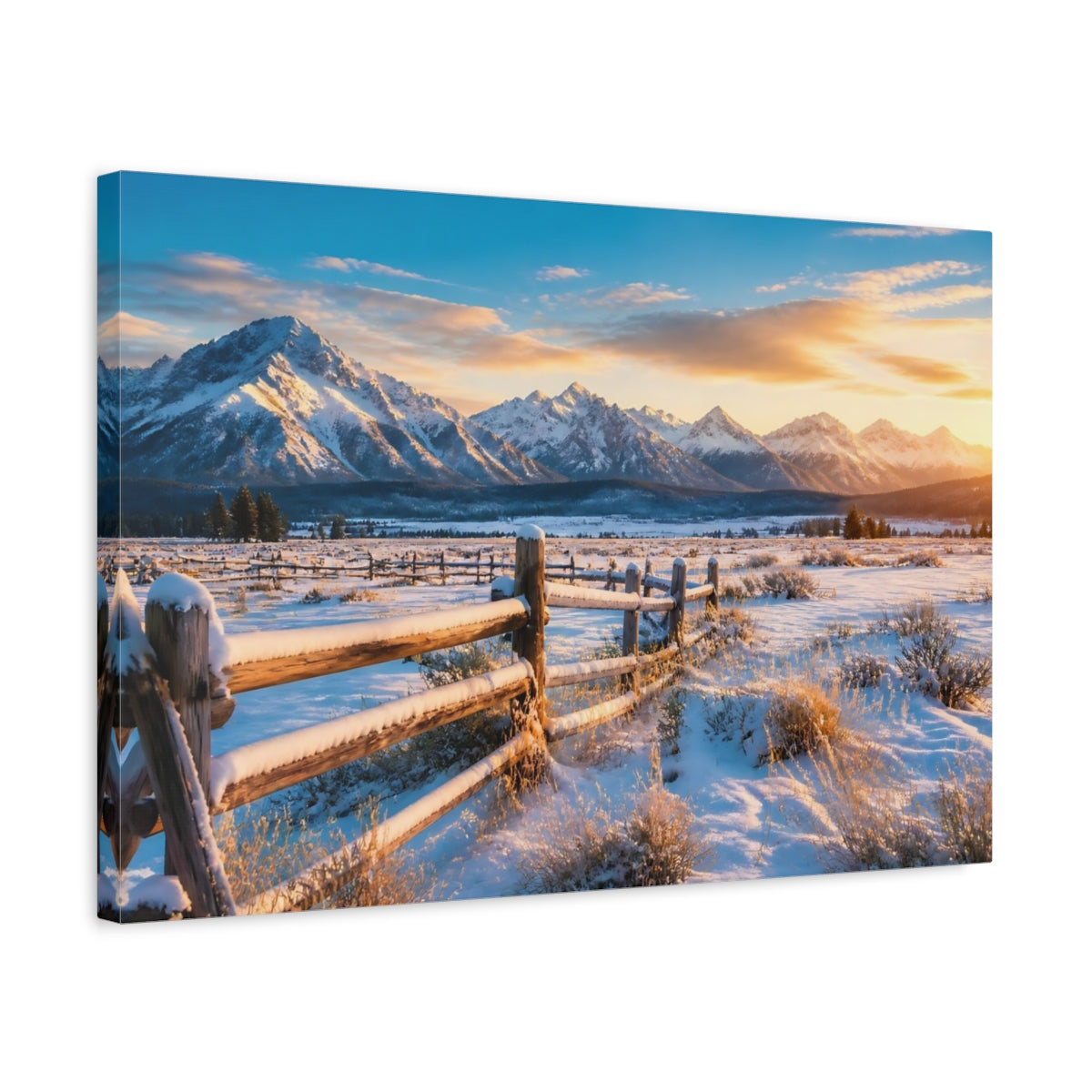 Side Mockup 3. Nature Winter Mountains Snowy Mountain Sunrise shown as stretched canvas wall art