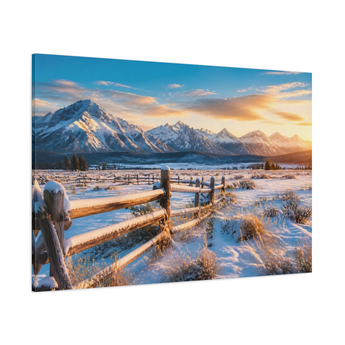 Side Mockup 1. Nature Winter Mountains Snowy Mountain Sunrise shown as stretched canvas wall art