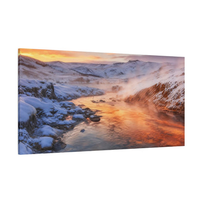 Side Mockup 2. Nature Winter River Orange Winter Landscape shown as stretched canvas wall art