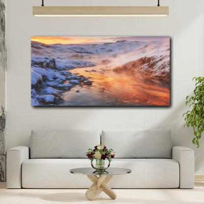 Mockup 2. Nature Winter River Orange Winter Landscape shown as stretched canvas wall art
