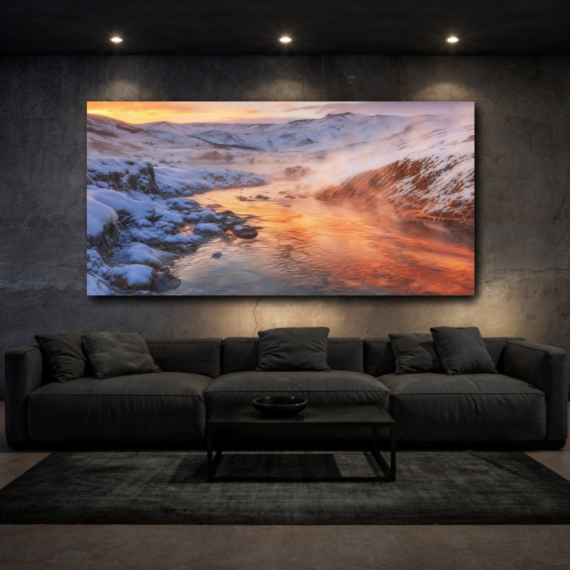 Mockup 3. Nature Winter River Orange Winter Landscape shown as stretched canvas wall art