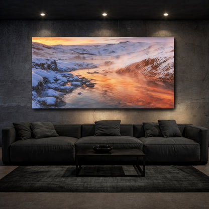 Mockup 3. Nature Winter River Orange Winter Landscape shown as stretched canvas wall art