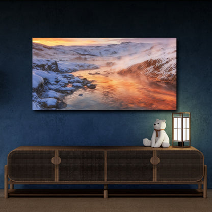 Mockup 4. Nature Winter River Orange Winter Landscape shown as stretched canvas wall art