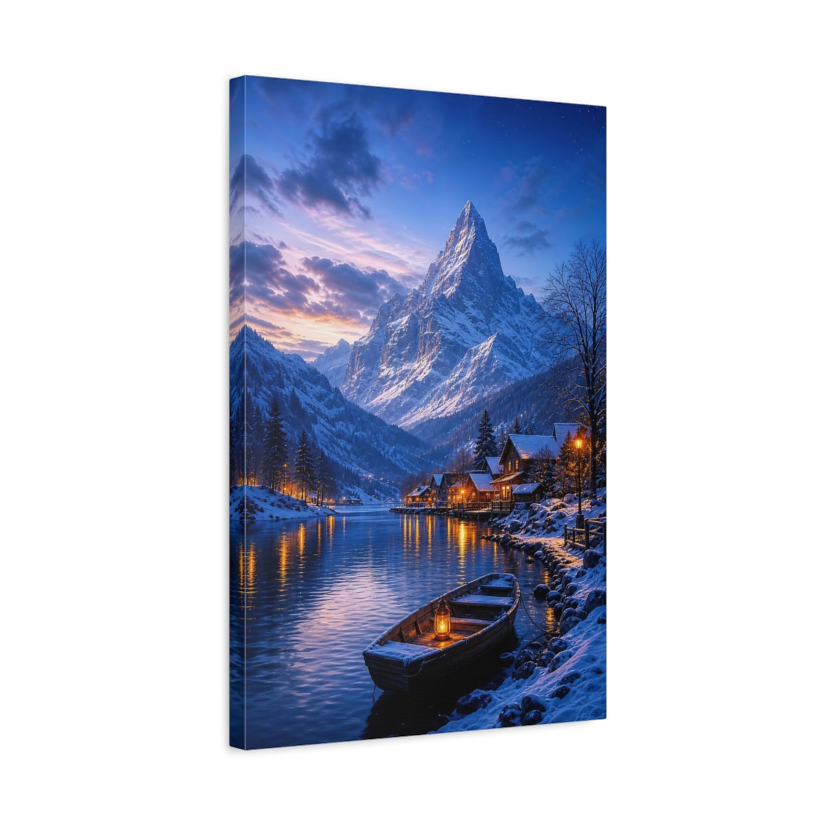 Side Mockup 3. Nature Winter Village Winter Landscape shown as stretched canvas wall art