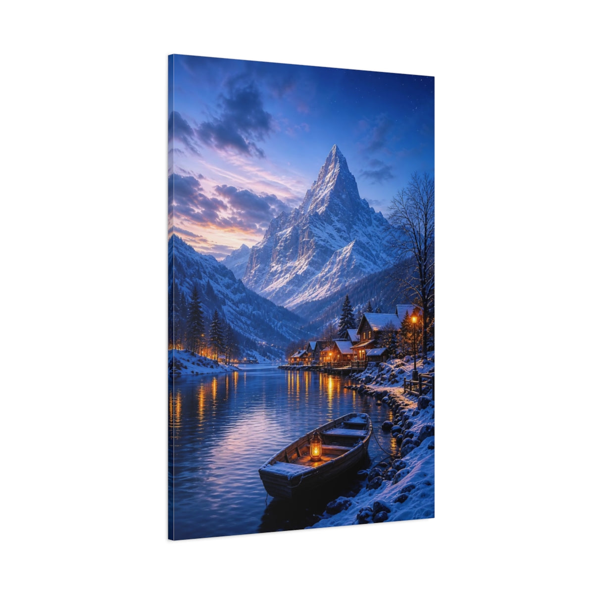 Side Mockup 1. Nature Winter Village Winter Landscape shown as stretched canvas wall art