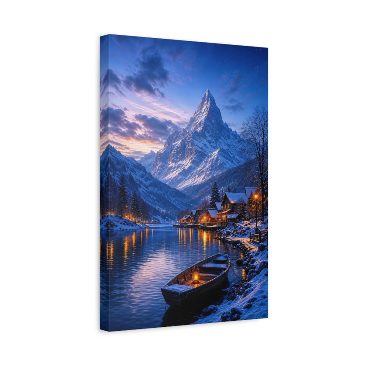 Side Mockup 4. Nature Winter Village Winter Landscape shown as stretched canvas wall art