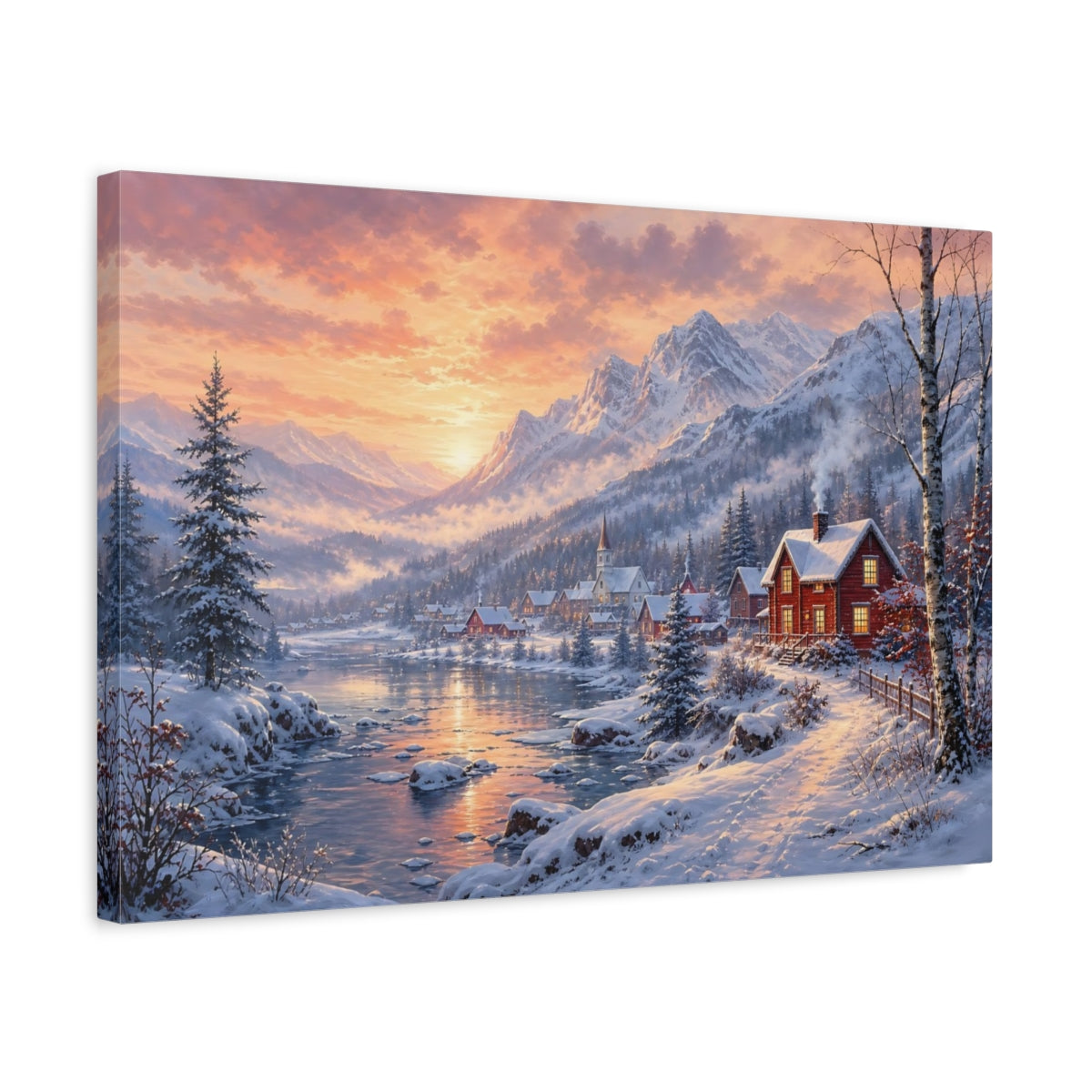 Side Mockup 3. Nature Winter Village Winter Village Sunset shown as stretched canvas wall art