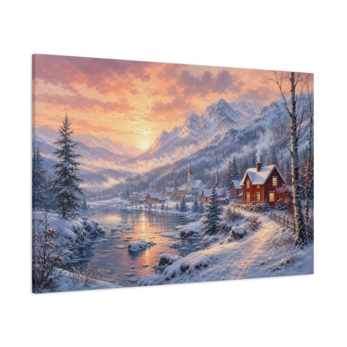 Side Mockup 1. Nature Winter Village Winter Village Sunset shown as stretched canvas wall art