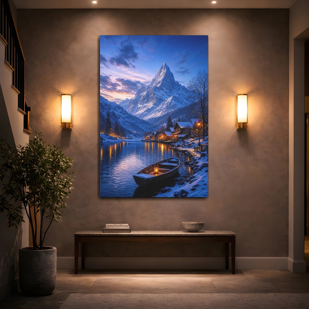 Mockup 2. Nature Winter Village Winter Landscape shown as stretched canvas wall art