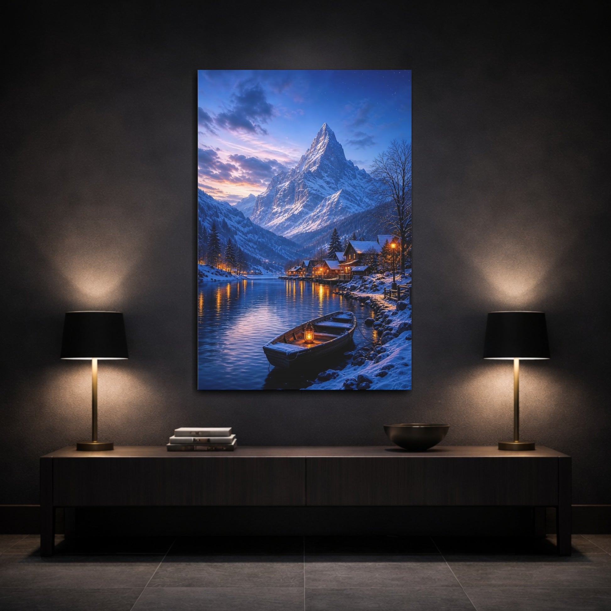 Mockup 3. Nature Winter Village Winter Landscape shown as stretched canvas wall art