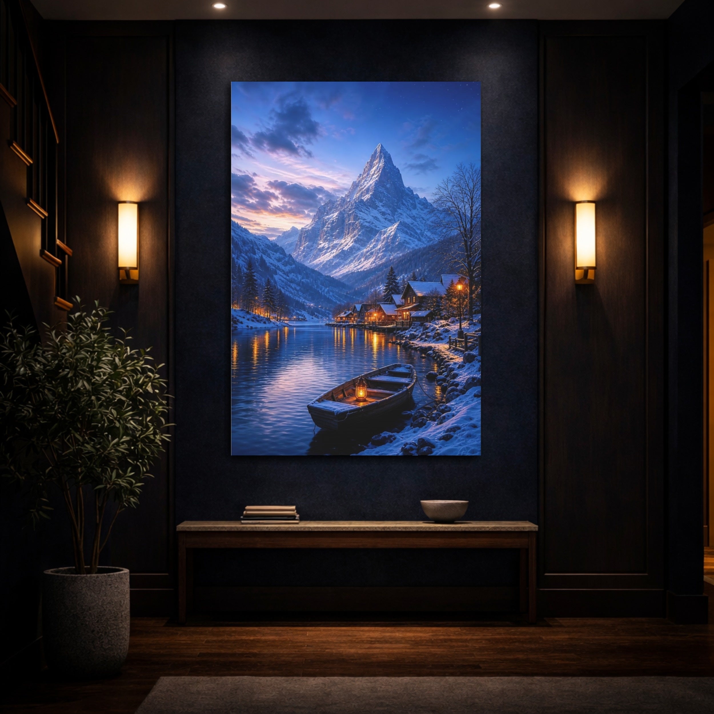 Mockup 4. Nature Winter Village Winter Landscape shown as stretched canvas wall art