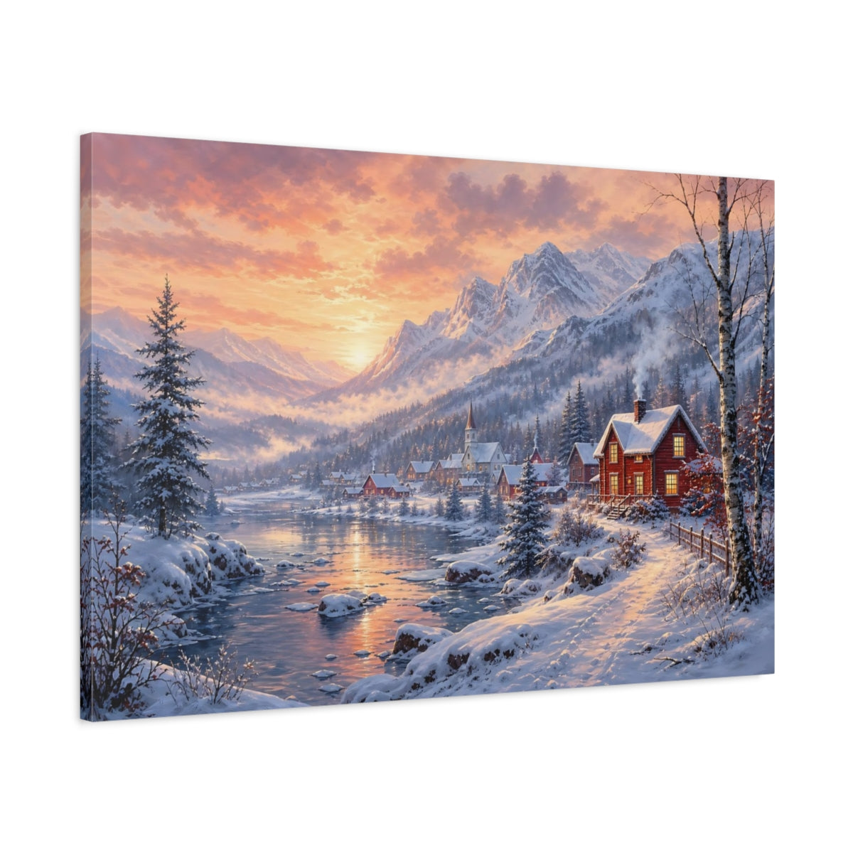 Main Mockup. Nature Winter Village Winter Village Sunset shown as stretched canvas wall art