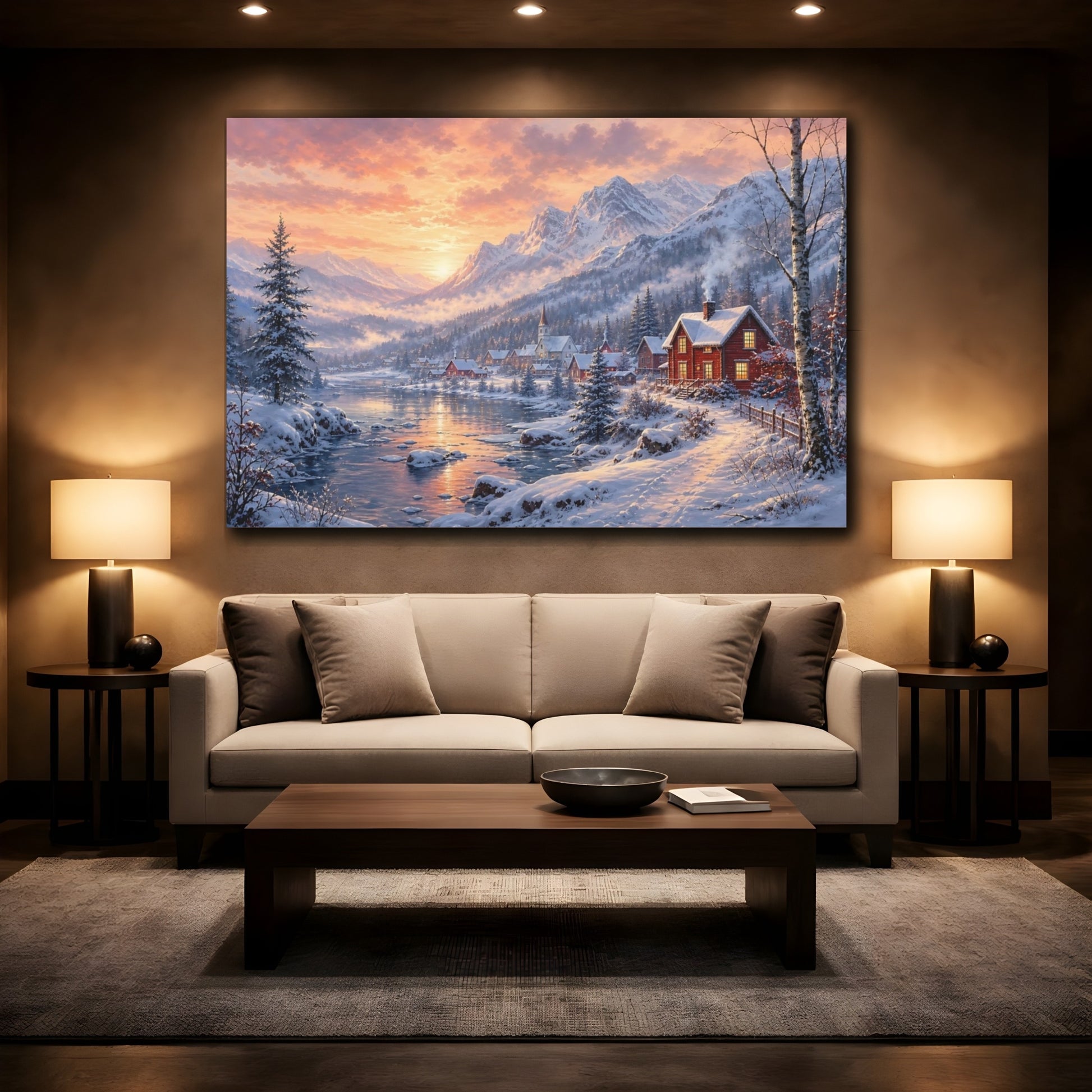 Mockup 2. Nature Winter Village Winter Village Sunset shown as stretched canvas wall art