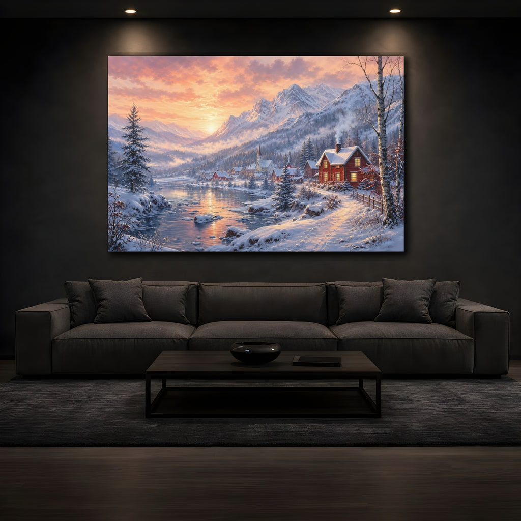 Mockup 3. Nature Winter Village Winter Village Sunset shown as stretched canvas wall art