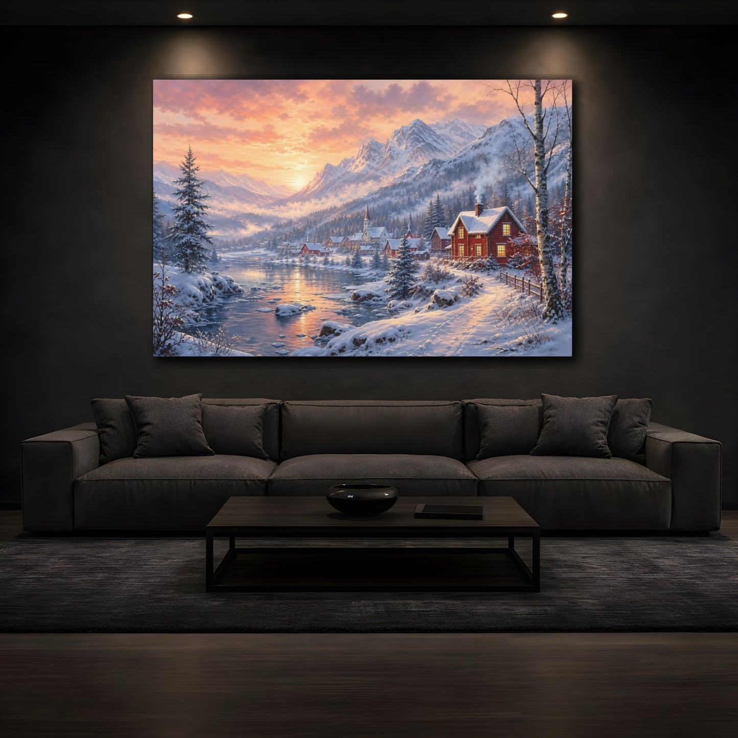Mockup 3. Nature Winter Village Winter Village Sunset shown as stretched canvas wall art
