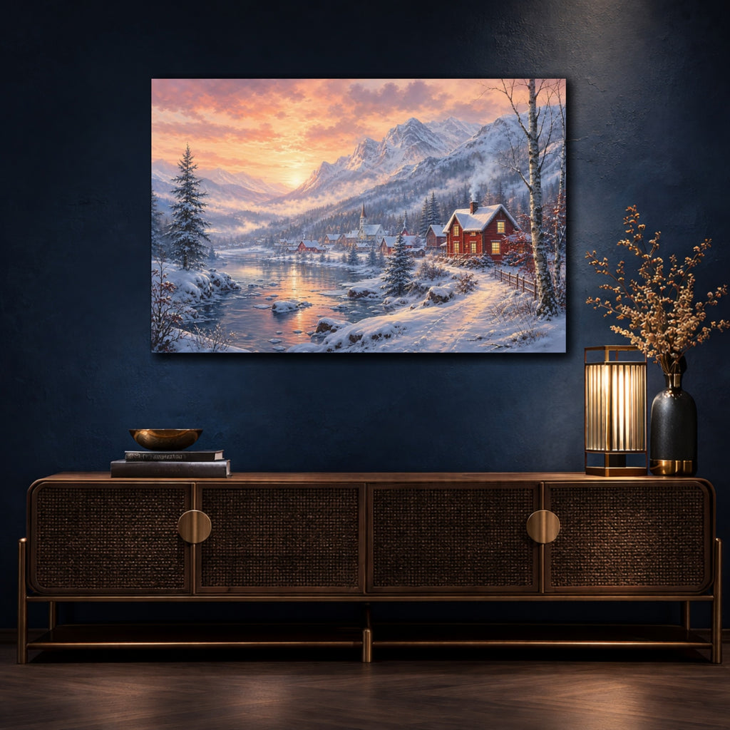 Mockup 4. Nature Winter Village Winter Village Sunset shown as stretched canvas wall art