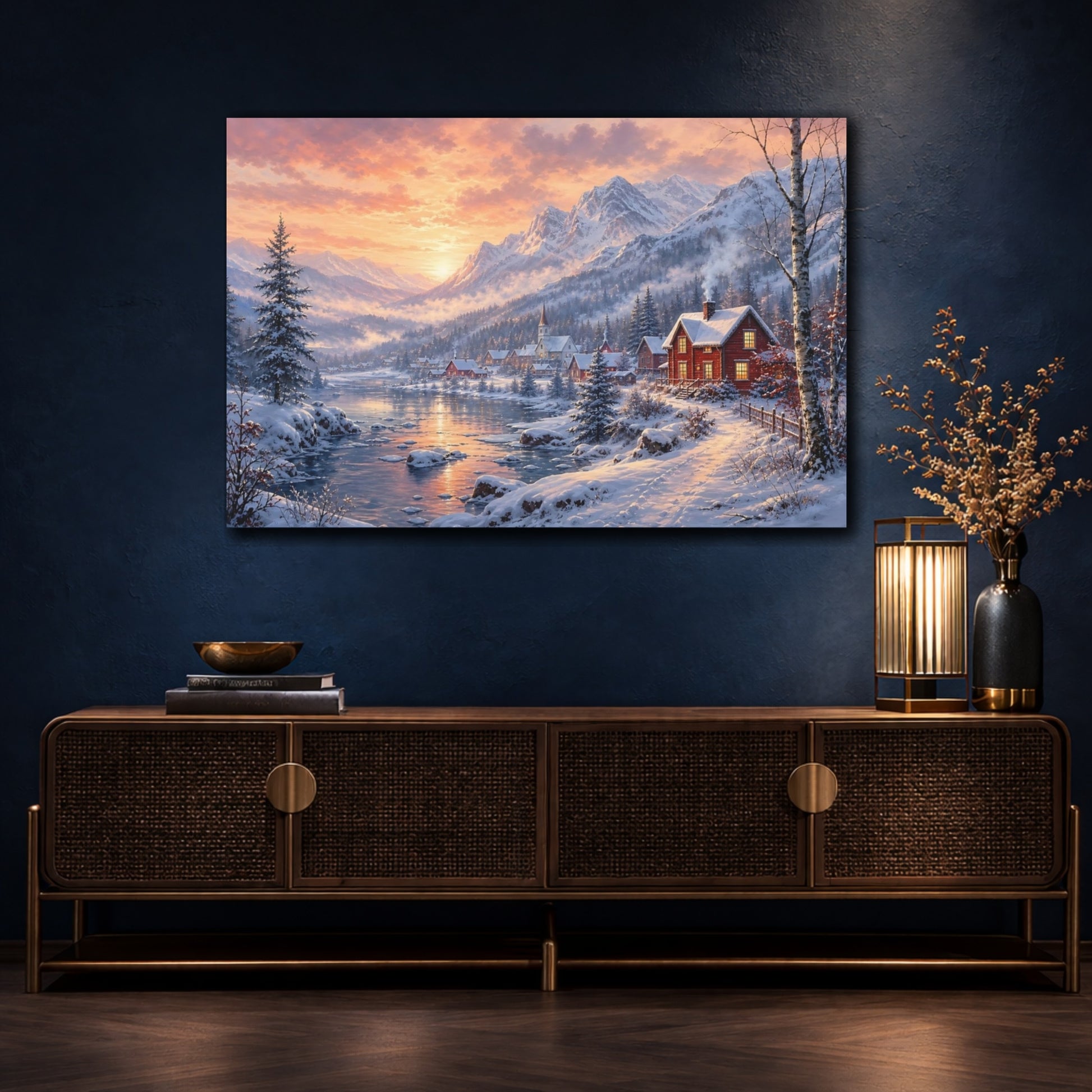 Mockup 4. Nature Winter Village Winter Village Sunset shown as stretched canvas wall art