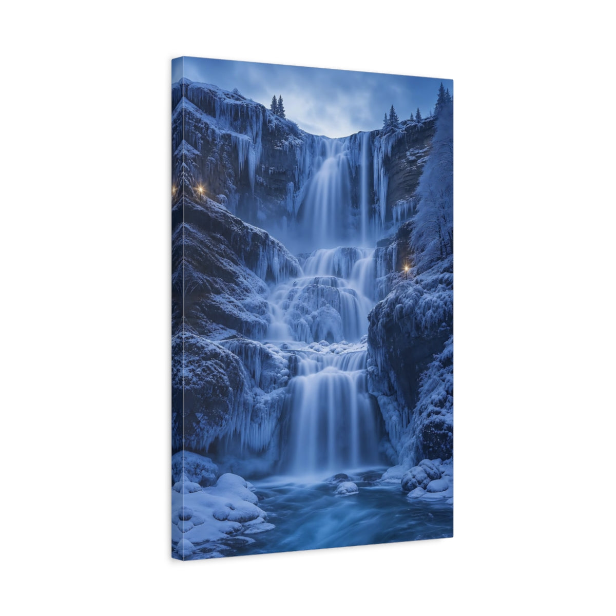 Side Mockup 3. Nature Winter Waterfall Blue Winter Waterfall shown as stretched canvas wall art