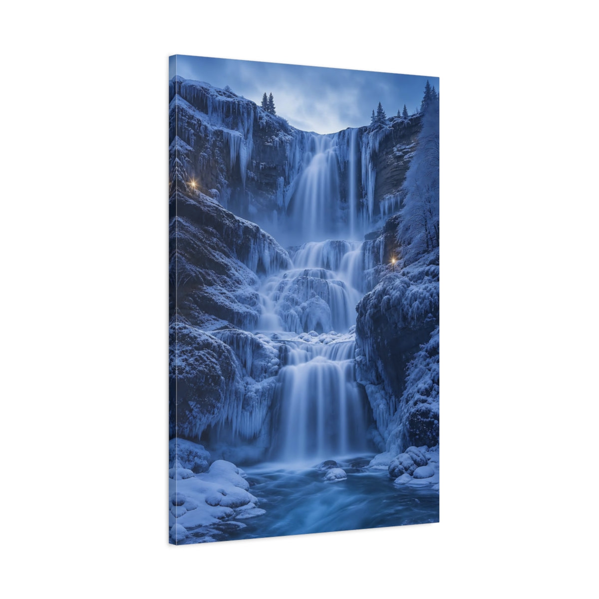 Main Mockup. Nature Winter Waterfall Blue Winter Waterfall shown as stretched canvas wall art