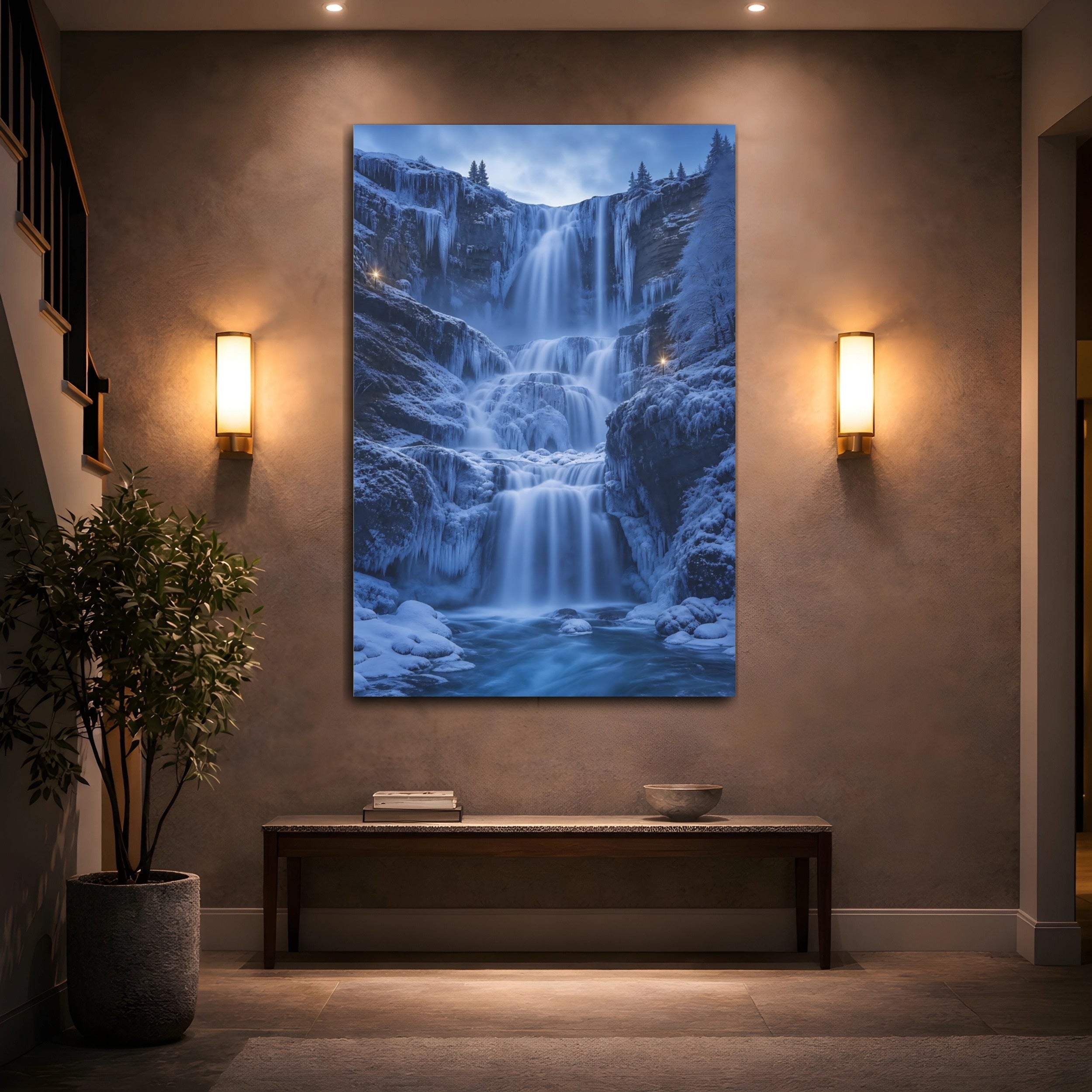 Mockup 2. Nature Winter Waterfall Blue Winter Waterfall shown as stretched canvas wall art