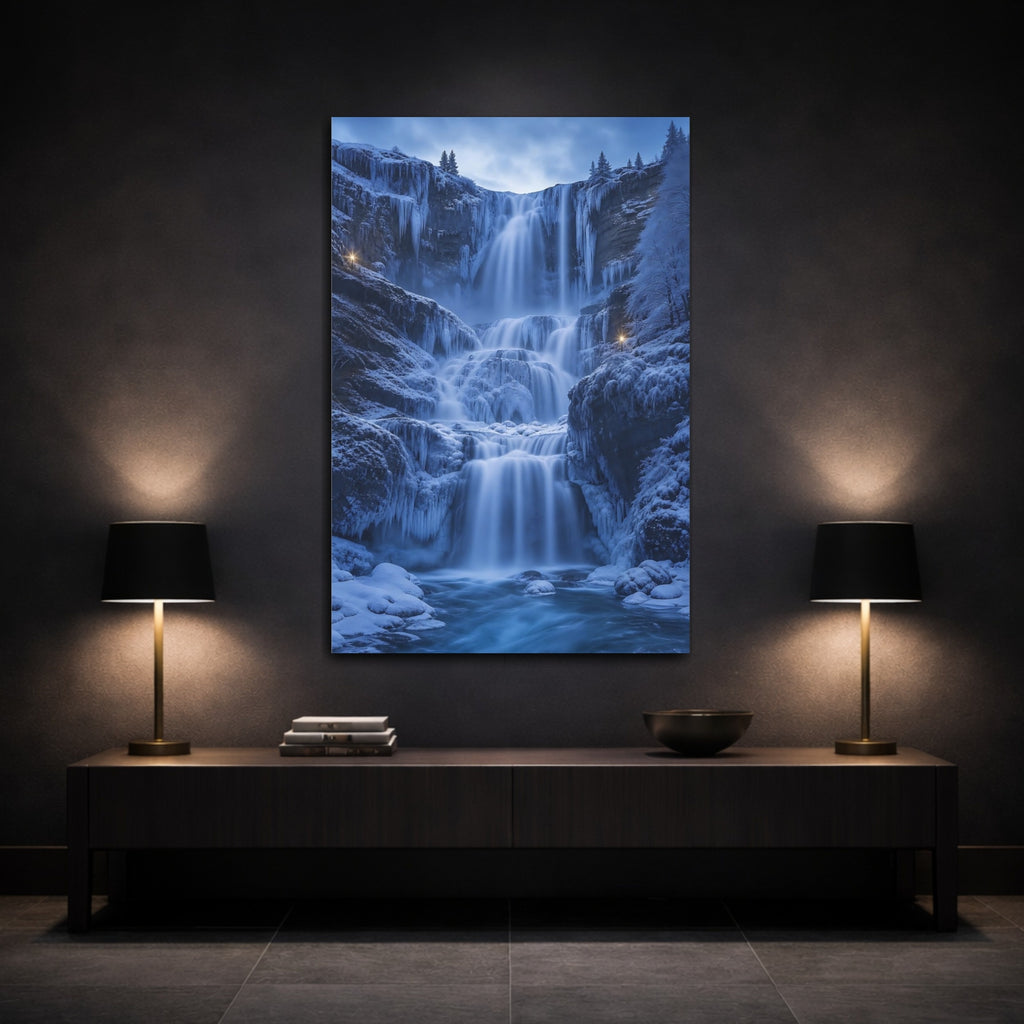 Mockup 3. Nature Winter Waterfall Blue Winter Waterfall shown as stretched canvas wall art