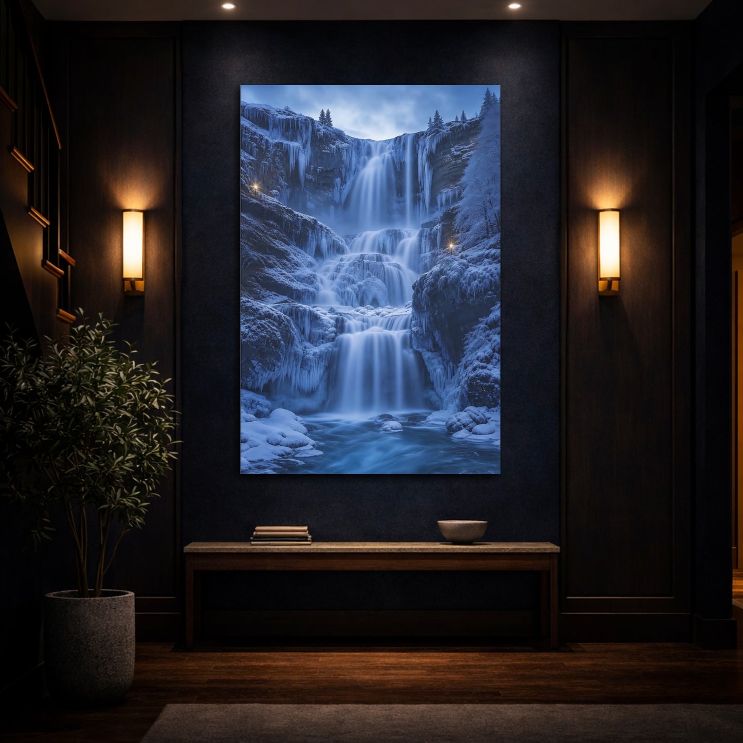 Mockup 4. Nature Winter Waterfall Blue Winter Waterfall shown as stretched canvas wall art