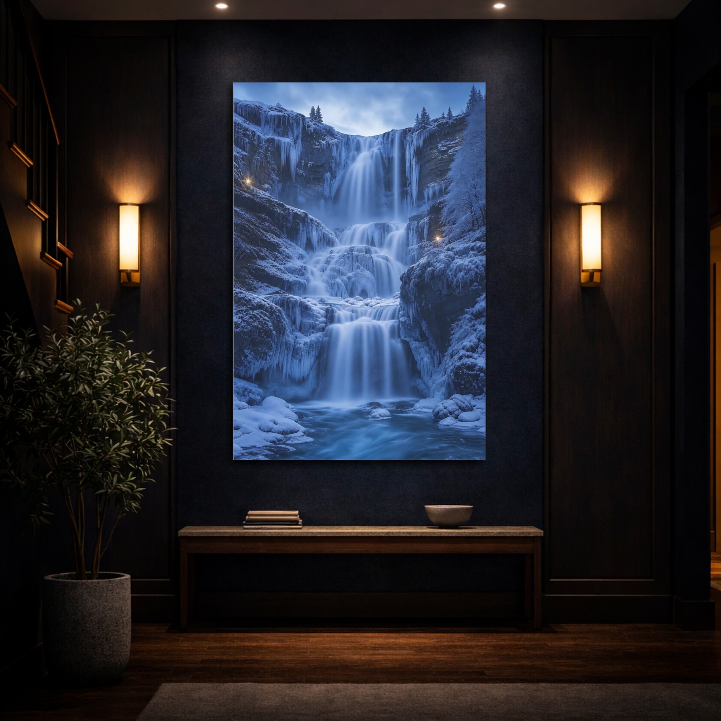 Mockup 4. Nature Winter Waterfall Blue Winter Waterfall shown as stretched canvas wall art