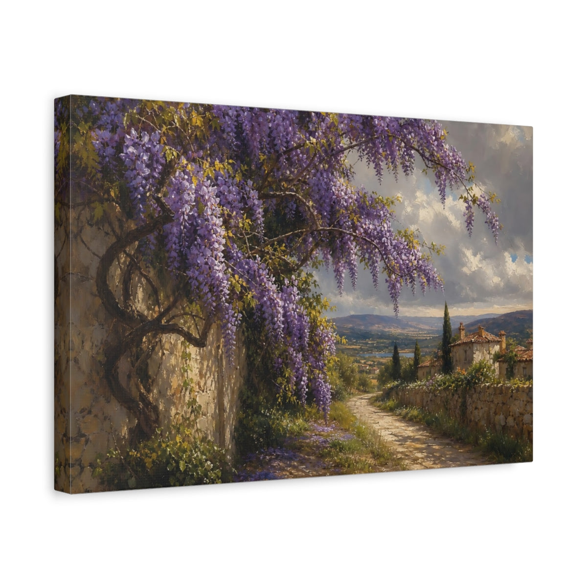 Side Mockup 4. Nature Wisteria Purple Wisteria shown as stretched canvas wall art