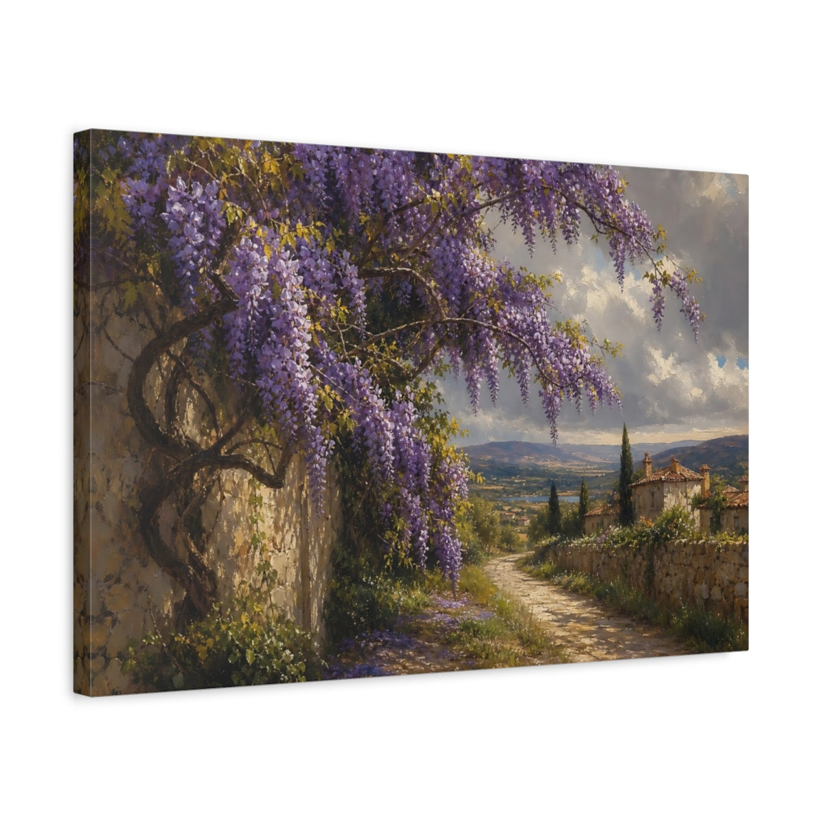 Side Mockup 3. Nature Wisteria Purple Wisteria shown as stretched canvas wall art