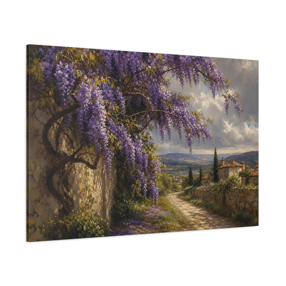 Side Mockup 1. Nature Wisteria Purple Wisteria shown as stretched canvas wall art