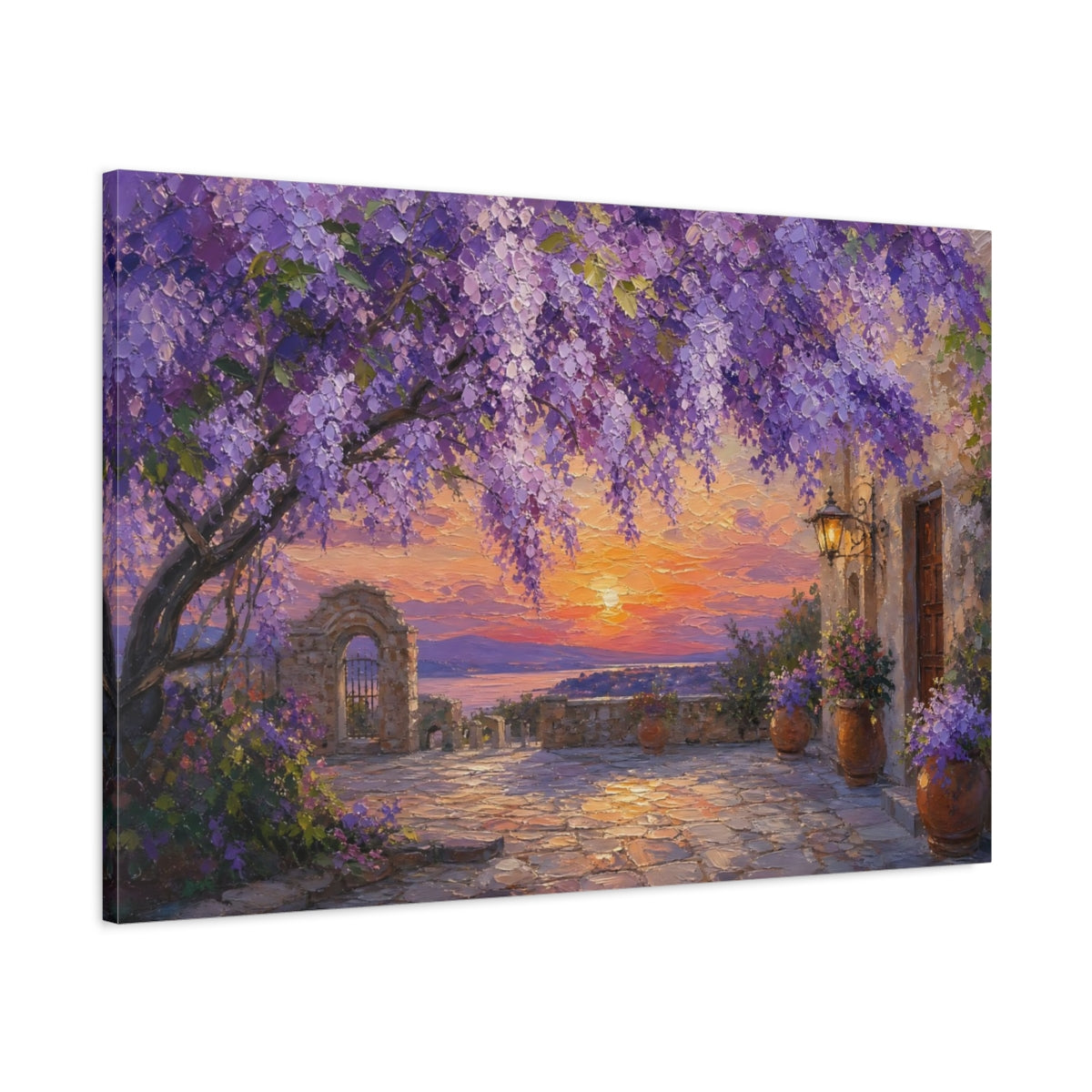 Main Mockup. Nature Wisteria Purple Sunset shown as stretched canvas wall art
