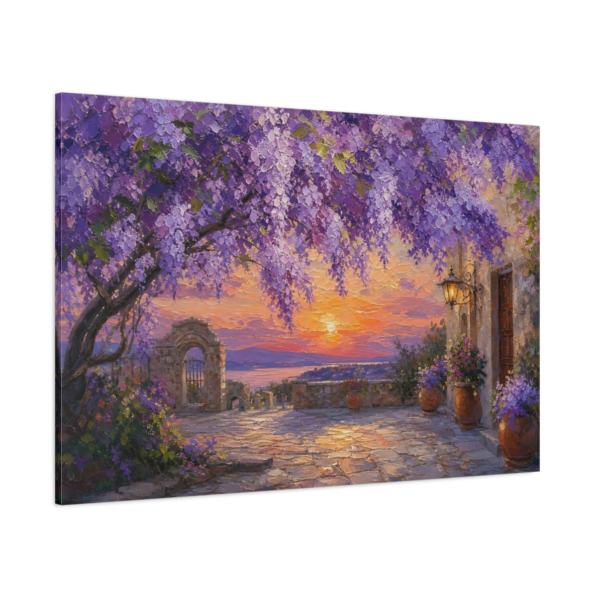 Side Mockup 1. Nature Wisteria Purple Sunset shown as stretched canvas wall art