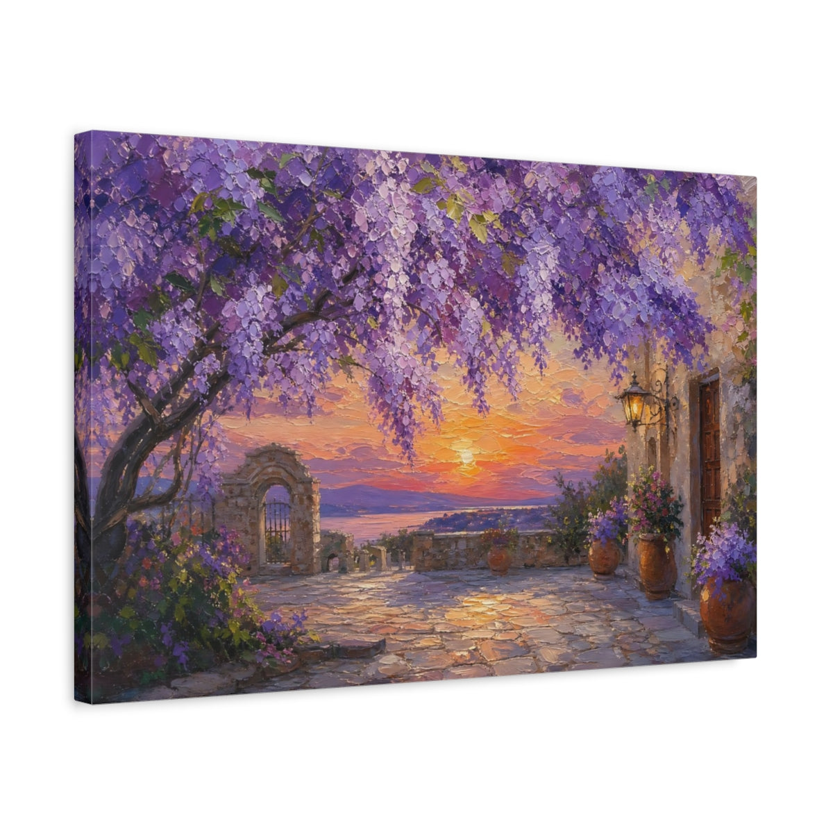 Side Mockup 3. Nature Wisteria Purple Sunset shown as stretched canvas wall art
