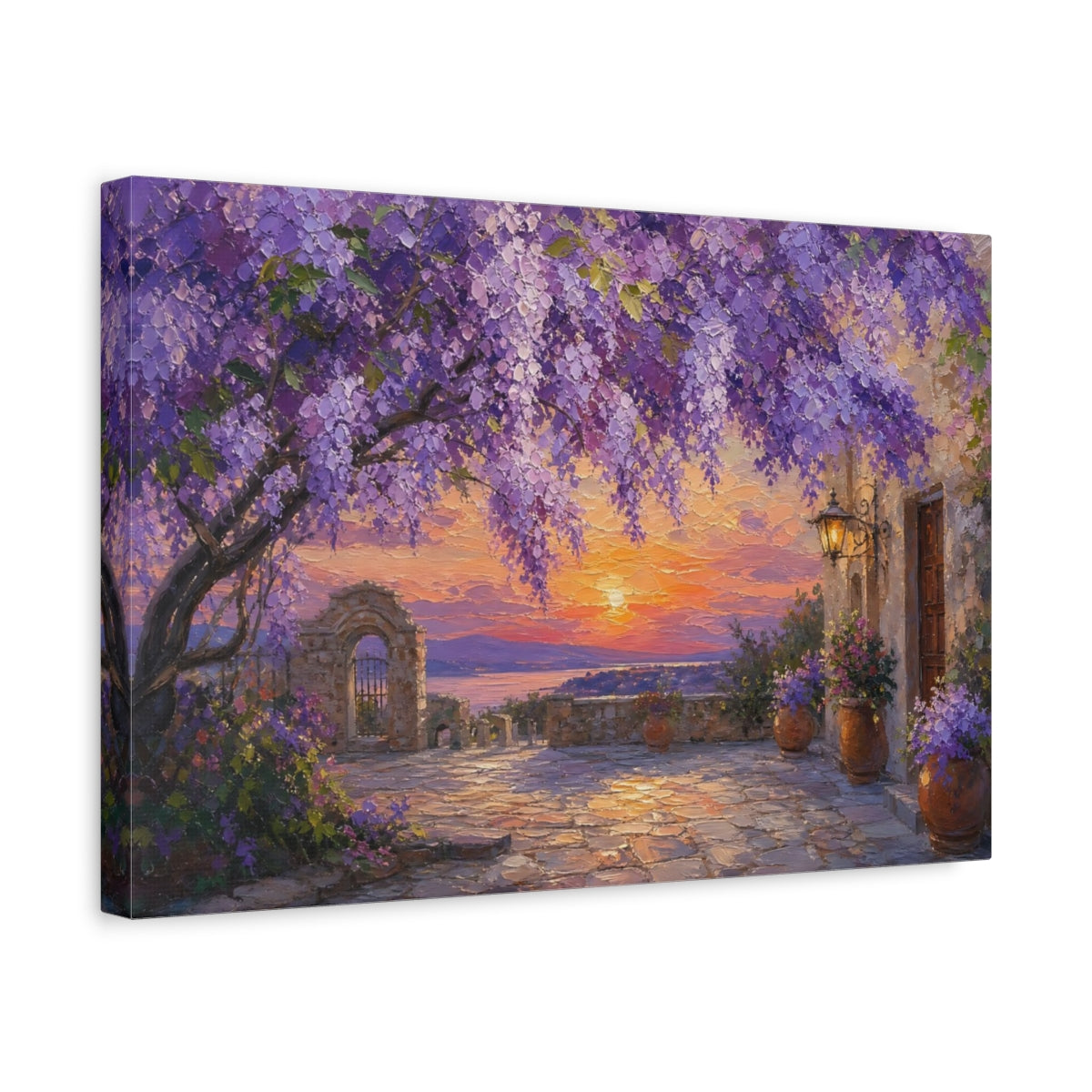 Side Mockup 4. Nature Wisteria Purple Sunset shown as stretched canvas wall art