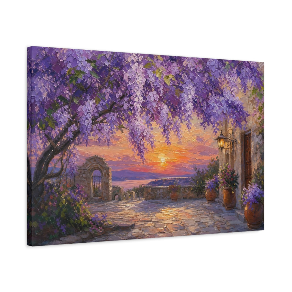 Side Mockup 2. Nature Wisteria Purple Sunset shown as stretched canvas wall art