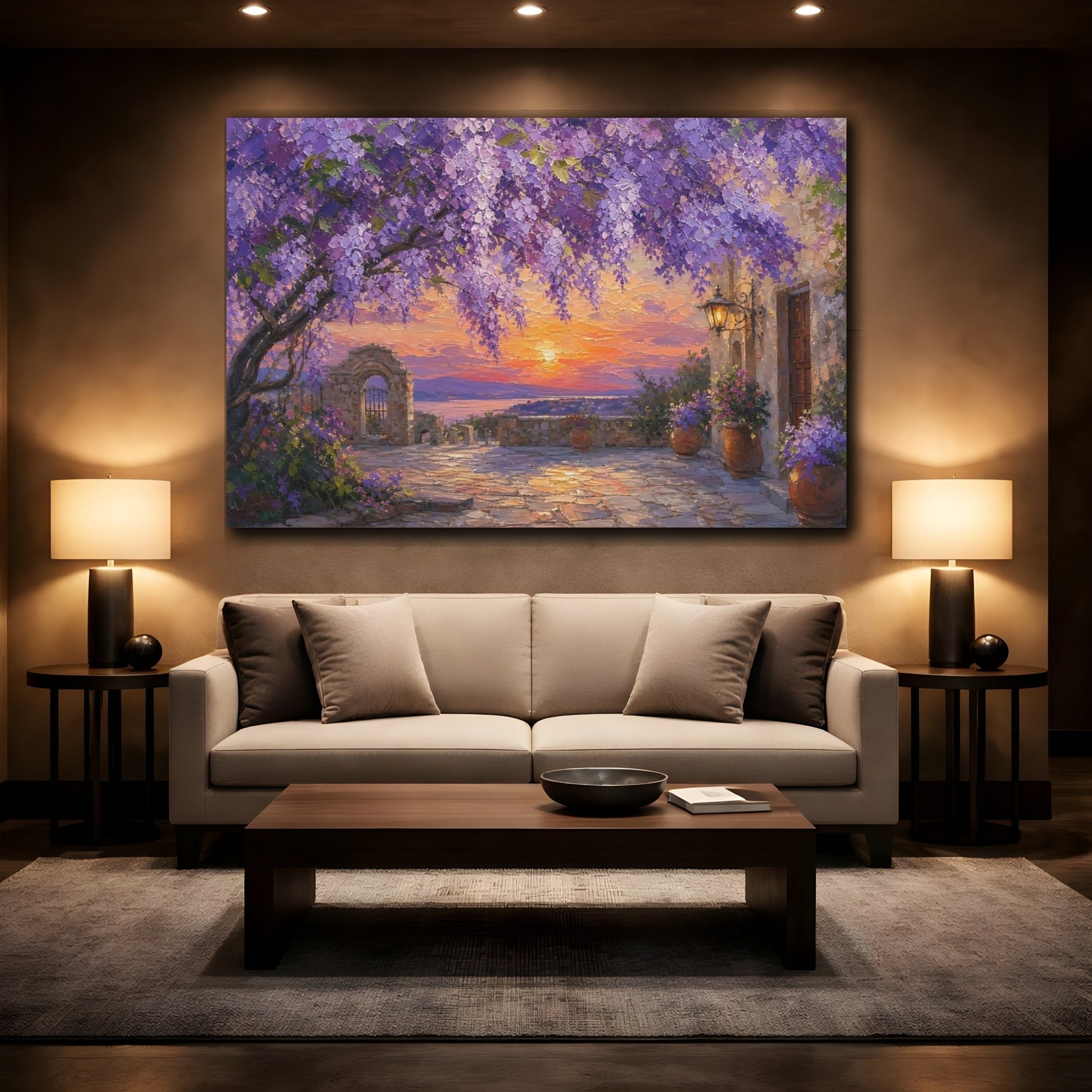 Mockup 2. Nature Wisteria Purple Sunset shown as stretched canvas wall art