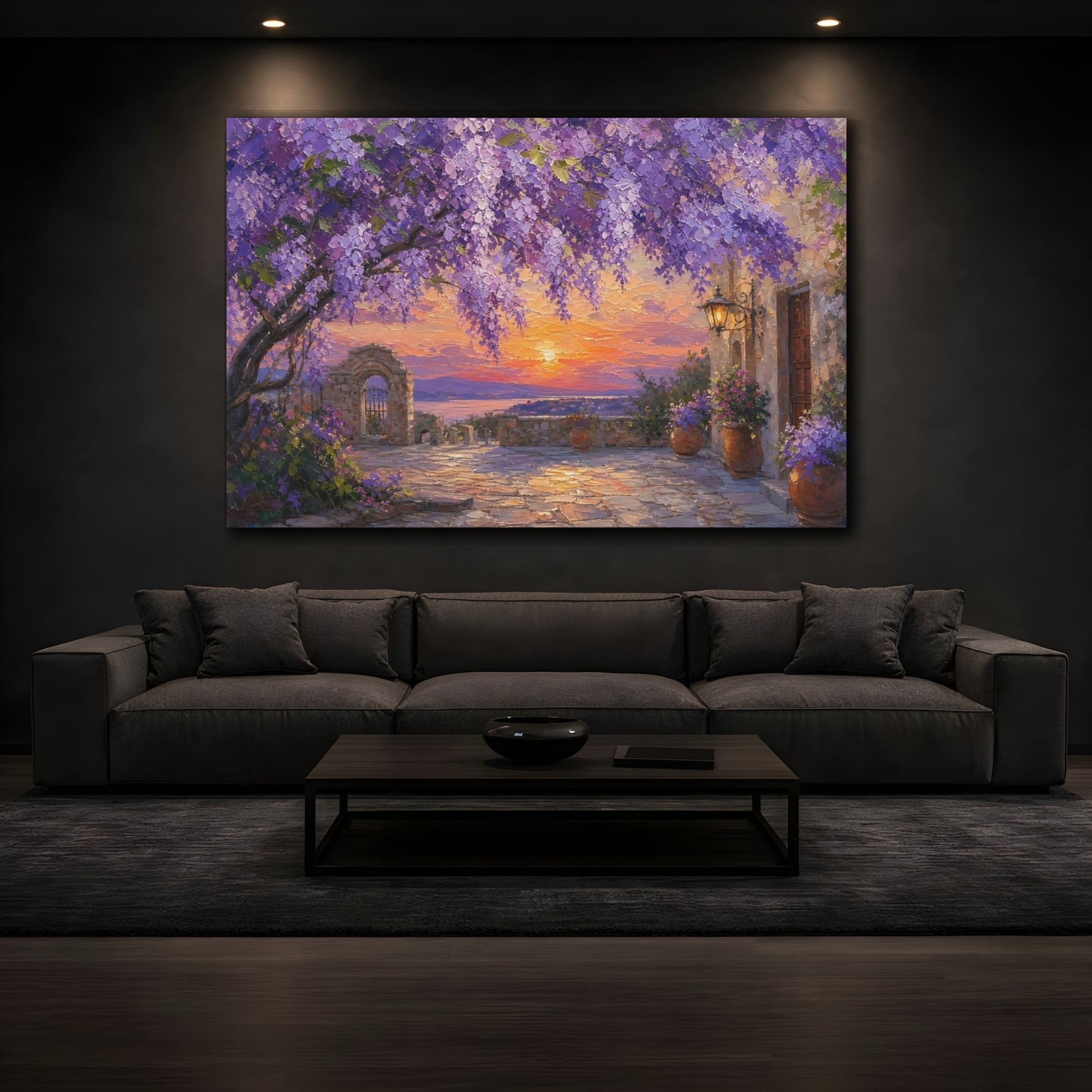 Mockup 3. Nature Wisteria Purple Sunset shown as stretched canvas wall art