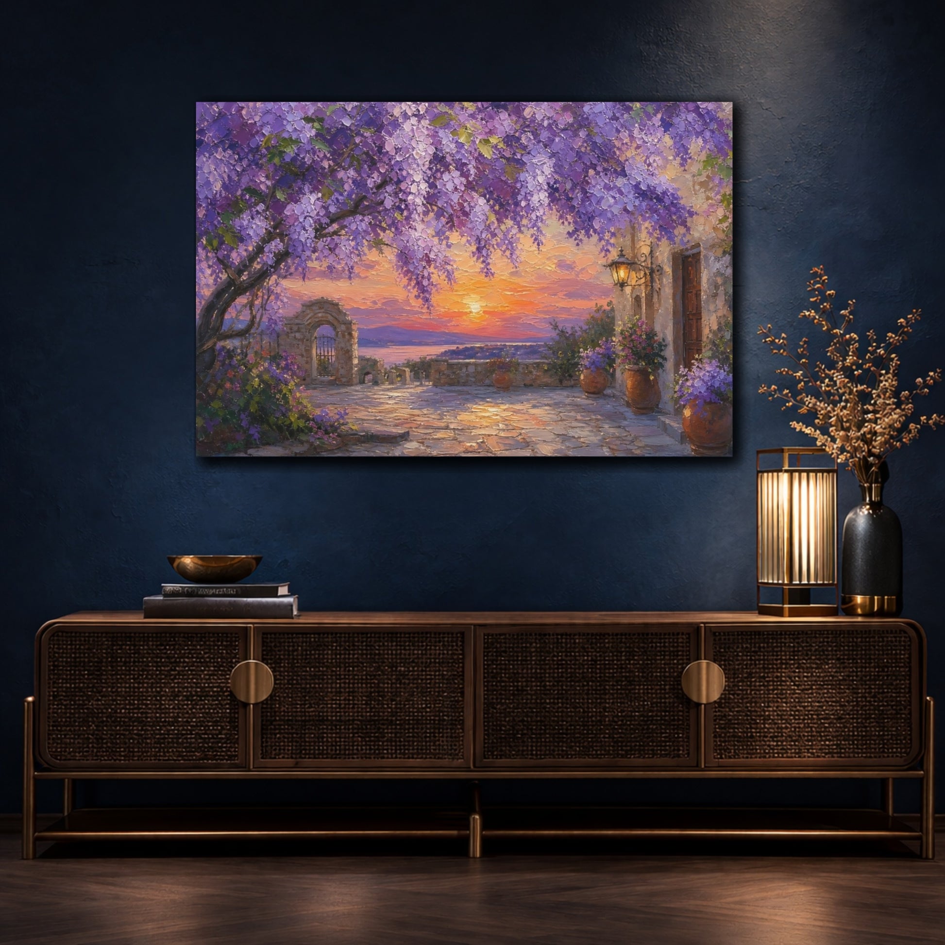 Mockup 4. Nature Wisteria Purple Sunset shown as stretched canvas wall art