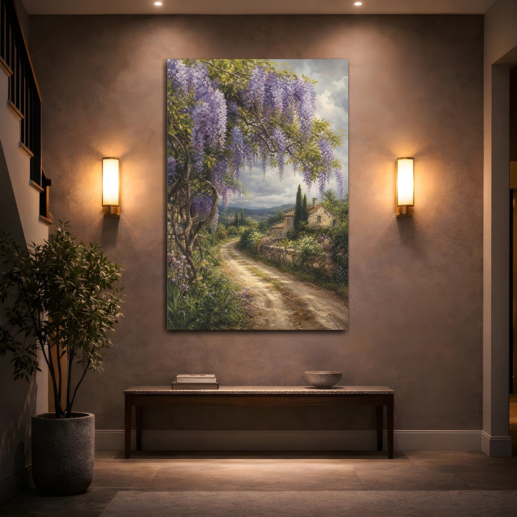 Mockup 2. Nature Wisteria Purple Wisteria shown as stretched canvas wall art