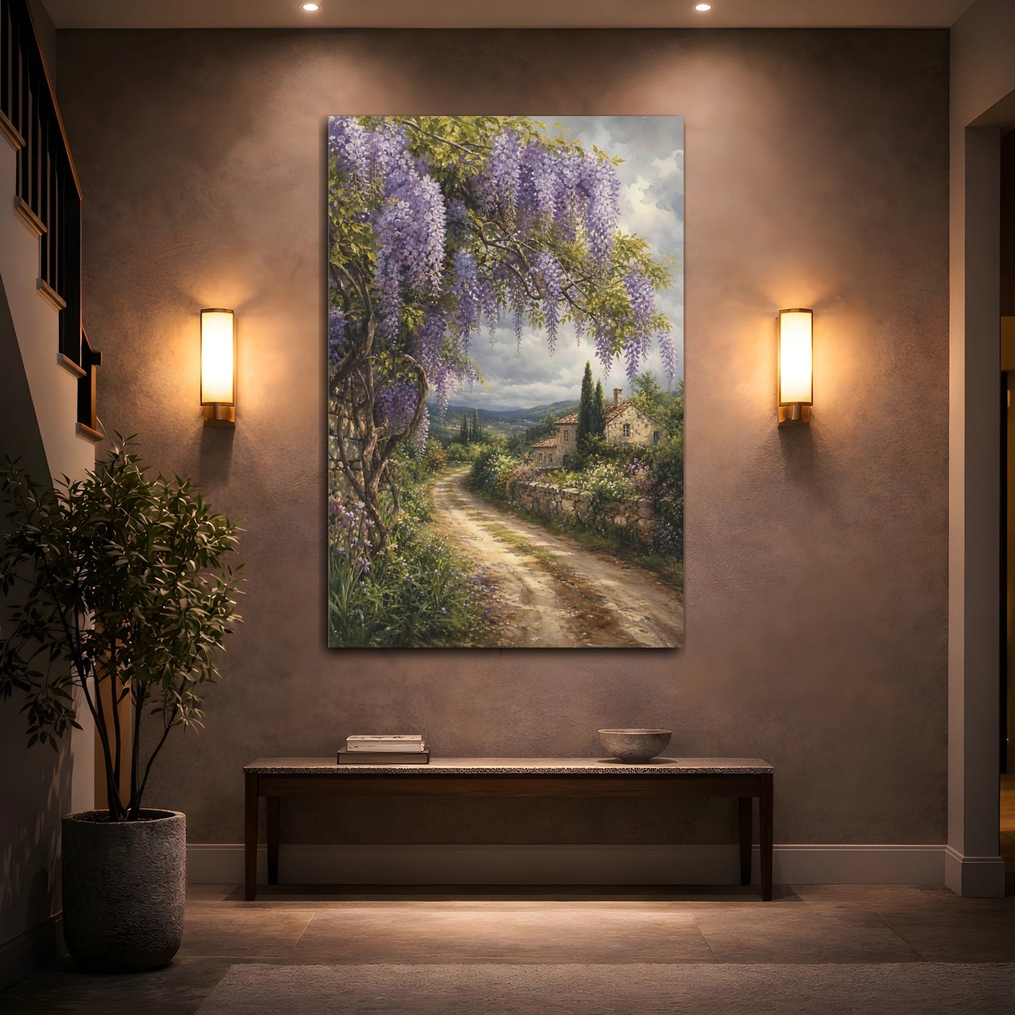 Mockup 2. Nature Wisteria Purple Wisteria shown as stretched canvas wall art