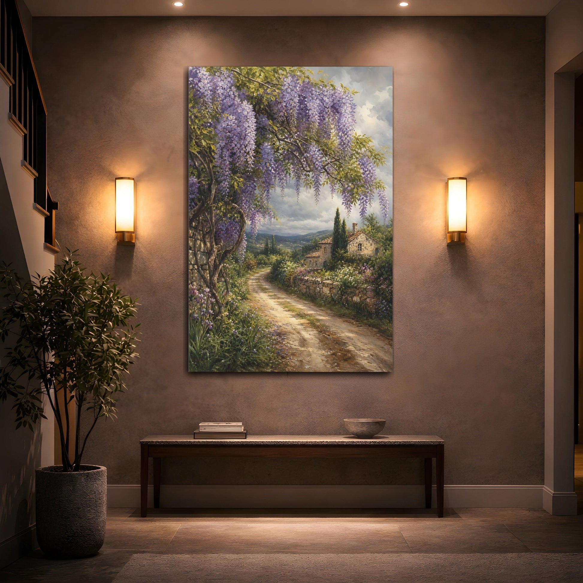 Mockup 2. Nature Wisteria Purple Wisteria shown as stretched canvas wall art