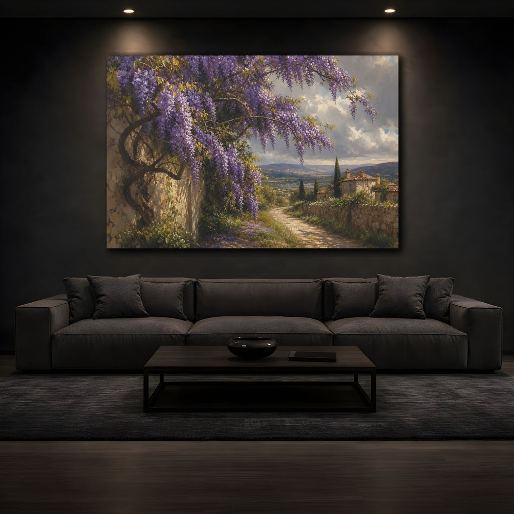 Mockup 3. Nature Wisteria Purple Wisteria shown as stretched canvas wall art