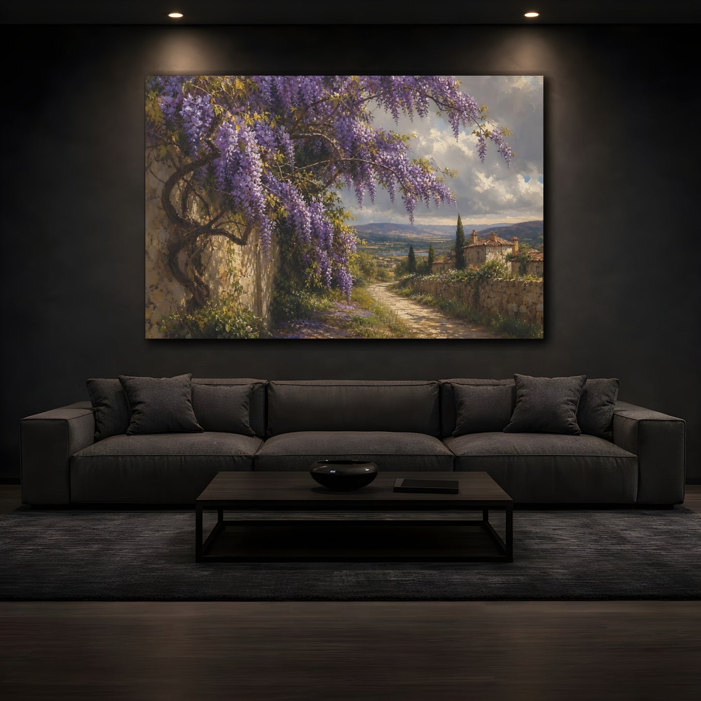 Mockup 3. Nature Wisteria Purple Wisteria shown as stretched canvas wall art