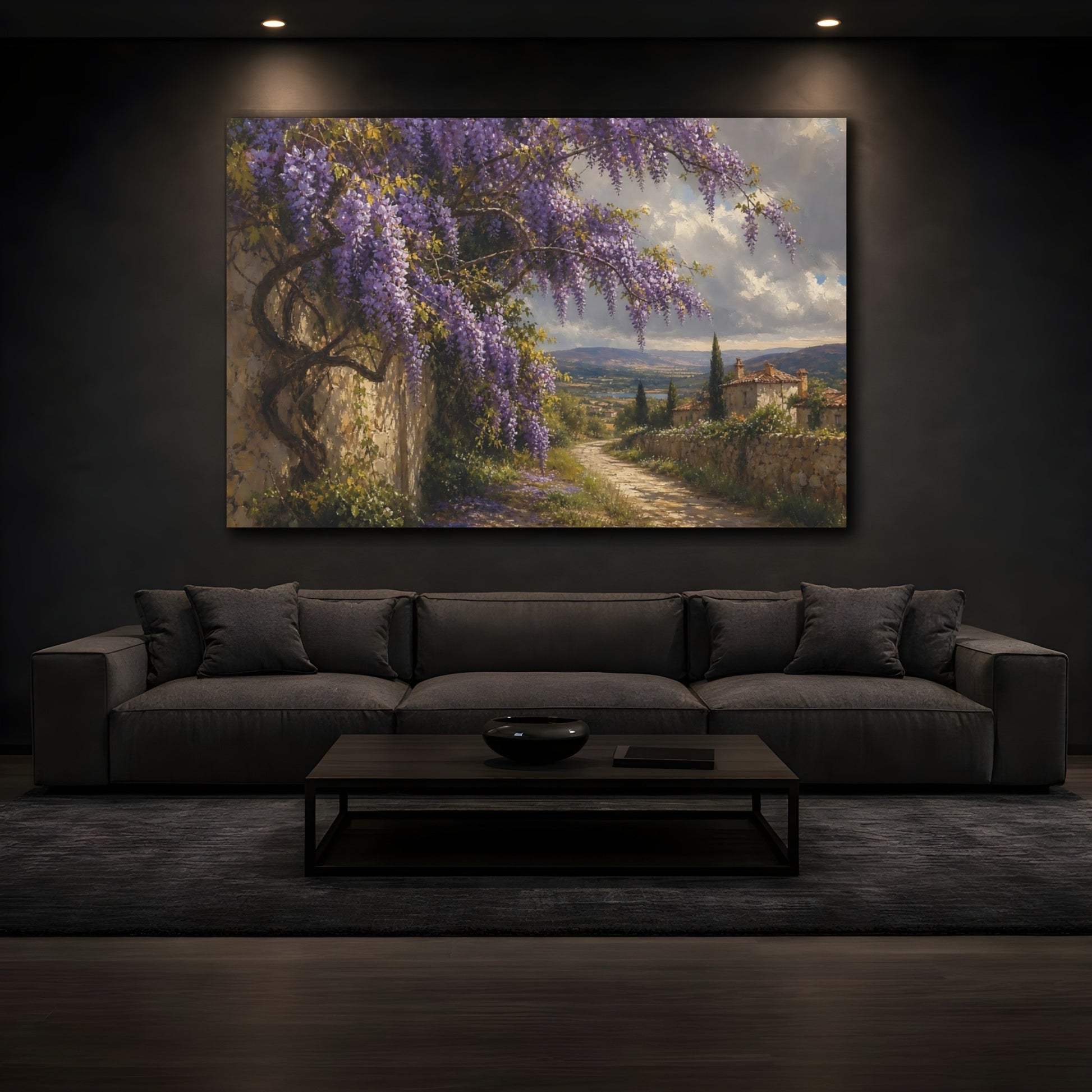 Mockup 3. Nature Wisteria Purple Wisteria shown as stretched canvas wall art