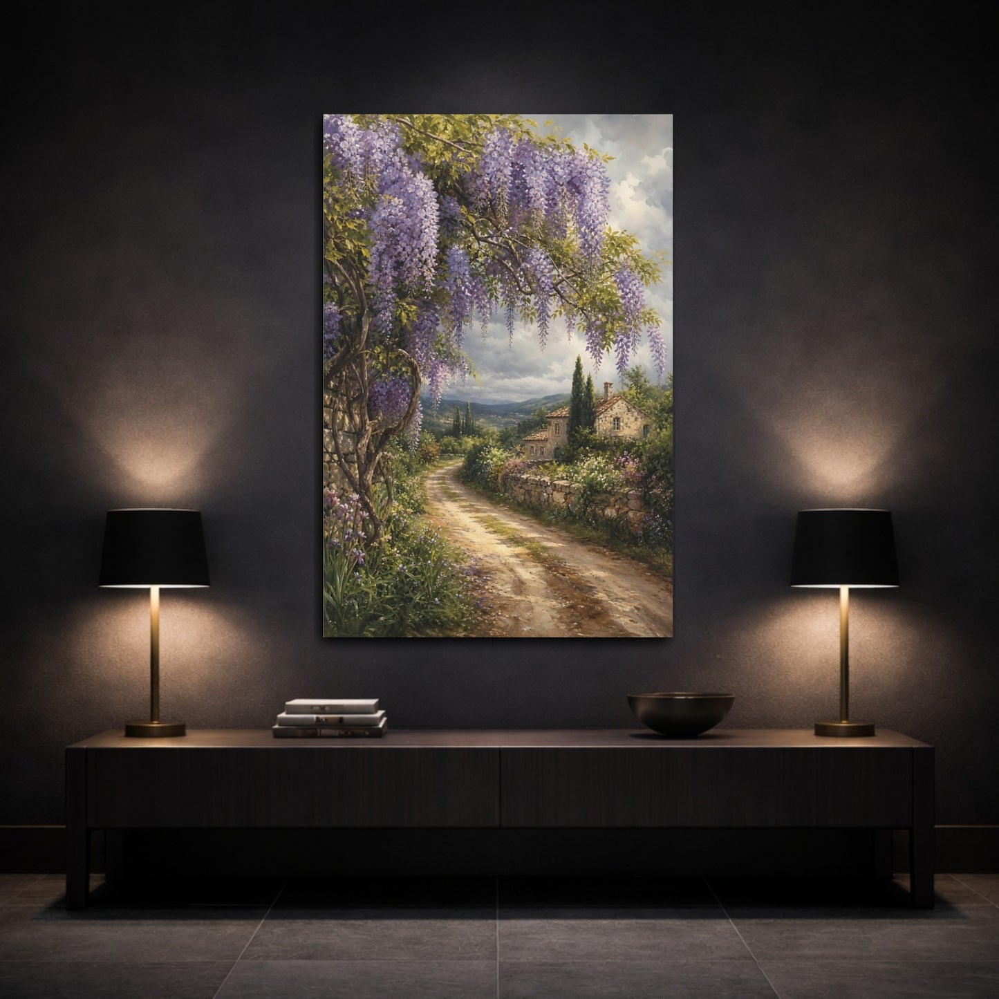 Mockup 3. Nature Wisteria Purple Wisteria shown as stretched canvas wall art