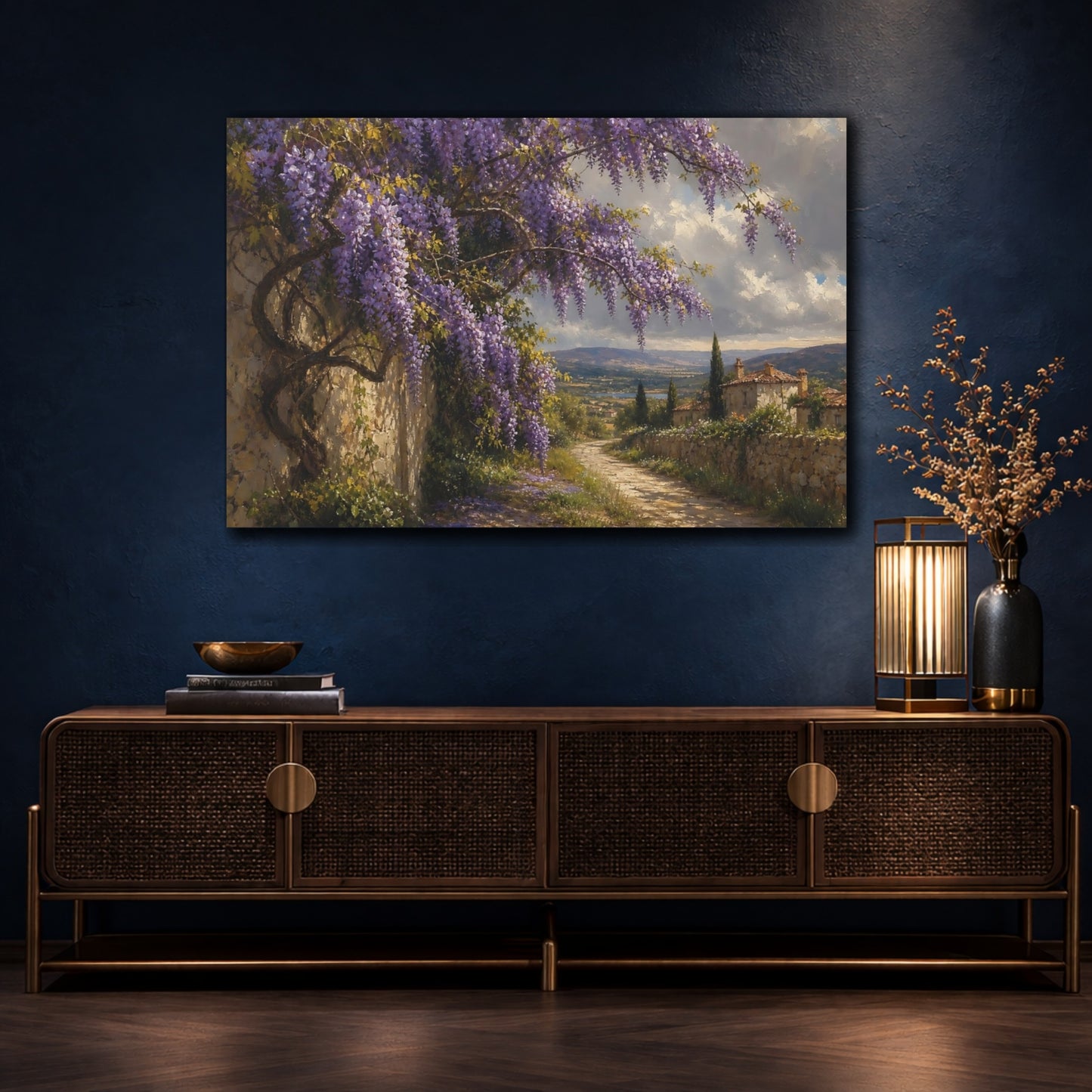 Mockup 4. Nature Wisteria Purple Wisteria shown as stretched canvas wall art